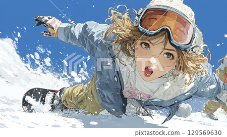 Illustration of a female snowboarder refreshingly sliding down powder snow 129569630