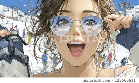 美優系列：享受滑雪樂趣的女性插畫 129569631