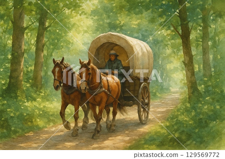 A two-horse covered wagon going through a forest in the sunlight filtering through the trees (soft light) 129569772