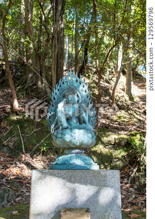 Buddhist statue surrounded by trees in nature at Engyoji mountain Shosha, Himeji, Japan 129569796