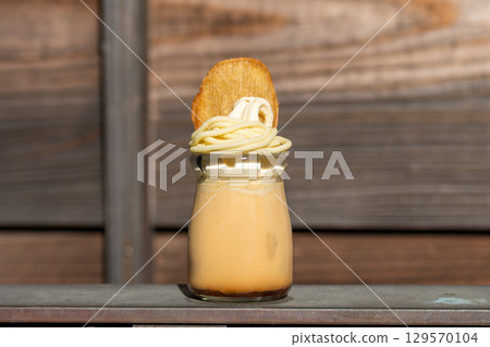 Kawagoe pudding in glass jar famous dessert in Kawagoe Saitama Japan 129570104