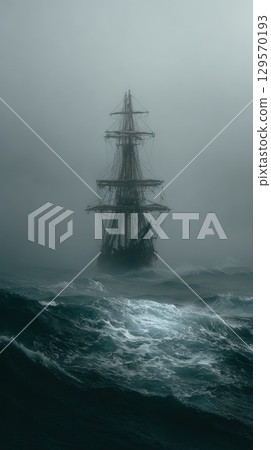 Ghost ship stormy sea misty sailing haunted eerie dramatic ocean waves Ghost ship stormy sea misty sailing haunted eerie dramatic ocean waves 129570193