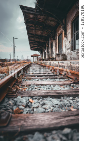 Abandoned train station rusty tracks decaying platform weathered building moody atmosphere Abandoned train station rusty tracks decaying platform weathered building moody atmosphere 129570196