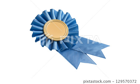 A blue prize ribbon rosette with a blank gold seal symbolizing a first place award and success A blue prize ribbon rosette with a blank gold seal symbolizing a first place award and success 129570372