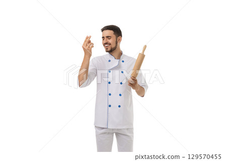 Chef in white uniform with rolling pin, isolated on white, PNG Chef in white uniform with rolling pin, isolated on white, PNG 129570455