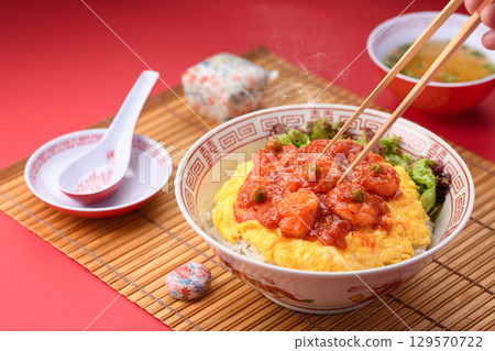 Shrimp chili rice bowl with plump shrimp - Chinese lunch presentation image Shrimp chili rice bowl with plump shrimp - Chinese lunch presentation image 129570722
