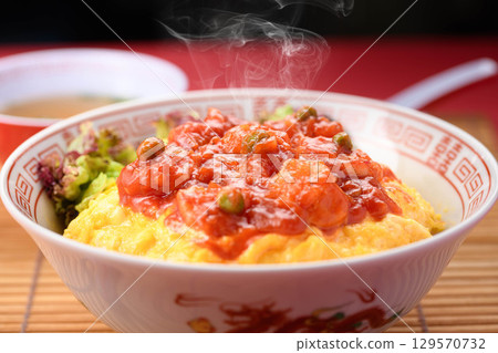 Shrimp chili rice bowl with plump shrimp - Chinese lunch presentation image Shrimp chili rice bowl with plump shrimp - Chinese lunch presentation image 129570732