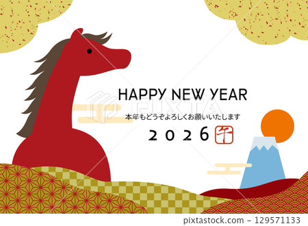 2026 Year of the Horse New Year's card with the horse, Mt. Fuji and Japanese pattern / Horizontal 02 129571133