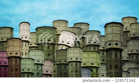 Collage with towers of an old building and a blue sky 129571142