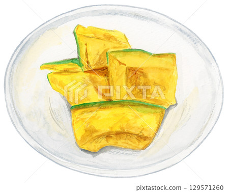 Hand-drawn watercolor illustration of boiled pumpkin served in a white dish. Winter solstice/winter dining material. 129571260