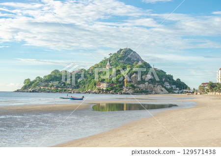 Tropical beach in morning at Huahin, Thailand, Wat Khao Takiap 129571438