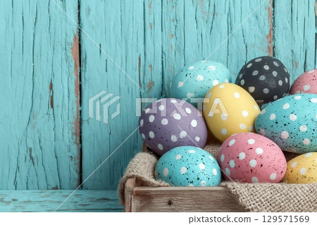 Easter eggs put on wooden in blue wood wall. Easter eggs put on wooden in blue wood wall. 129571569