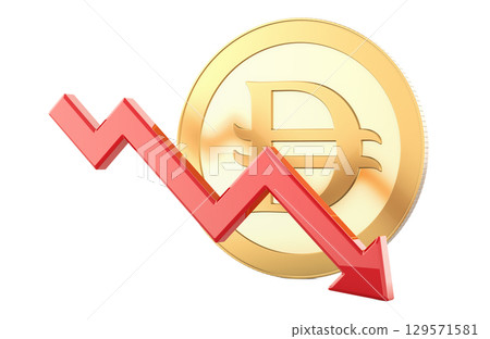 Dirham coin with red down arrow, currency drop concept. 3D rendering 129571581