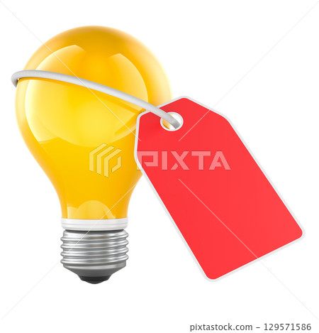 Light bulb with price tag. Cost of idea, concept. 3D rendering 129571586