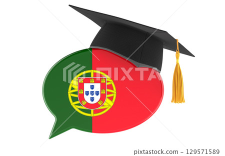Portugal flag speech bubble with graduation cap, language learning concept. 3D rendering Portugal flag speech bubble with graduation cap, language learning concept. 3D rendering 129571589