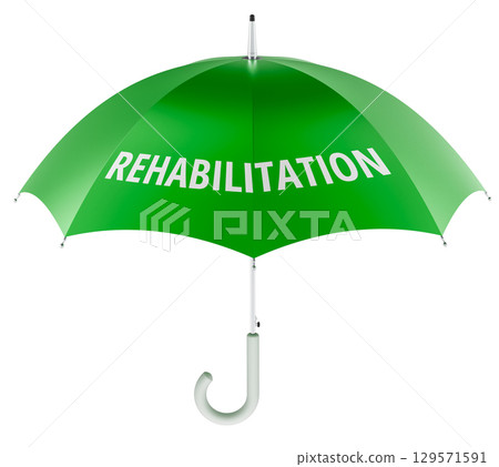 Rehabilitation concept with green umbrella. 3D rendering Rehabilitation concept with green umbrella. 3D rendering 129571591