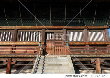 Zenkoji temple, Nagano, Japan, Traditional wooden building with stairs 129571640
