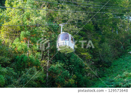 Happo Alpen Line Nature trail, Hakuba, Nagano, Japan, Cable car above lush greenery Happo Alpen Line Nature trail, Hakuba, Nagano, Japan, Cable car above lush greenery 129571648