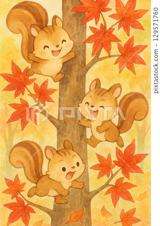 三隻松鼠爬樹（秋天，水彩風格） 129571760