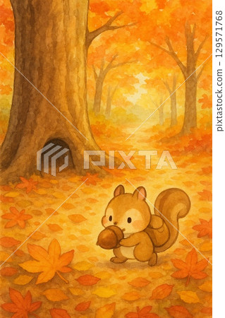 一隻叼著橡子的松鼠和一棵秋天的大樹(繪本風格) 一隻叼著橡子的松鼠和一棵秋天的大樹(繪本風格) 129571768