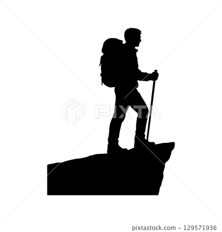 hiker standing on cliff silhouette on white background mountain trekking adventure moment 129571936