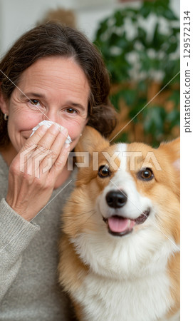 Joyful Bond: Woman and Corgi Smile 129572134