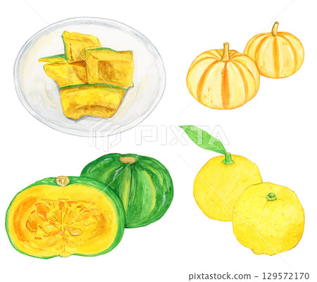 Hand-painted watercolor winter solstice pumpkin and yuzu illustration set 129572170