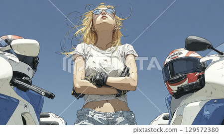 A female rider takes a break at a riders' cafe and looks at the bikes 129572380