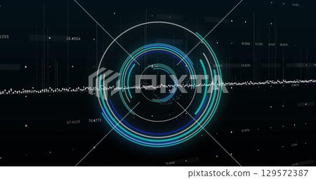 Image of neon round scanner over data processing against black background Image of neon round scanner over data processing against black background 129572387
