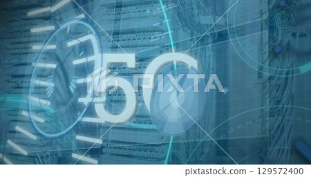 Image of infographic interface with circles and 5g text over server room 129572400