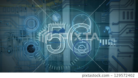 Image of 5g text banner, microprocessor connections and data processing against server room Image of 5g text banner, microprocessor connections and data processing against server room 129572402