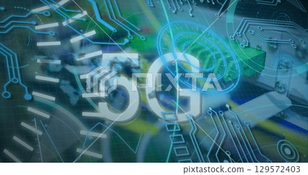 Displaying large 5G text in virtual network environment, with circuit traces and data flow arrows Displaying large 5G text in virtual network environment, with circuit traces and data flow arrows 129572403