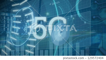 Image of 5g text banner, round scanners and data processing against night city traffic 129572404