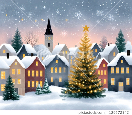 Christmas tree illuminating snowy village during a magical snowfall 129572542