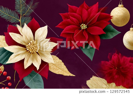 Christmas poinsettias and golden christmas balls creating a festive atmosphere 129572545