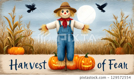 Scarecrow protecting pumpkins in corn field at night 129572554