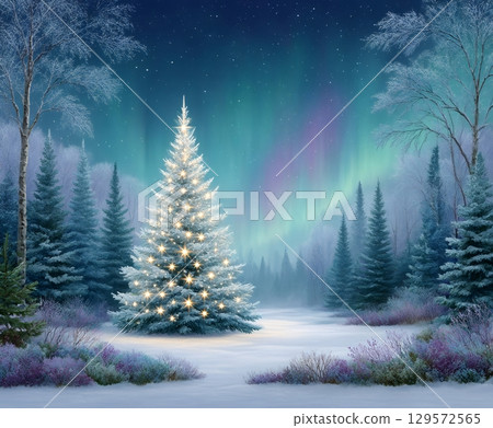 Illuminated christmas tree shining under northern lights in a snowy forest 129572565