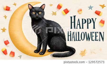 Black cat sitting on crescent moon celebrating Halloween with candy corn and stars 129572573