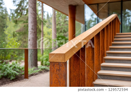 Wooden handrail and corten steel pillars leading to modern building entrance surrounded by forest Wooden handrail and corten steel pillars leading to modern building entrance surrounded by forest 129572594