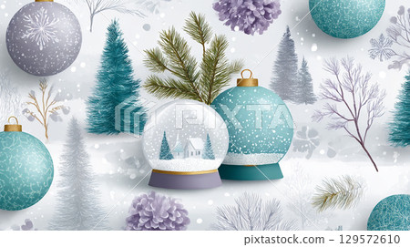 Snow globes, christmas balls and fir trees creating a winter wonderland 129572610