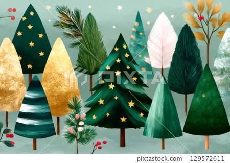 Christmas trees with golden stars creating a festive atmosphere Christmas trees with golden stars creating a festive atmosphere 129572611