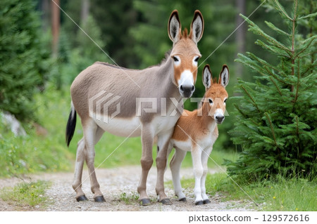 Donkey mother and her foal standing on a path in a forest 129572616