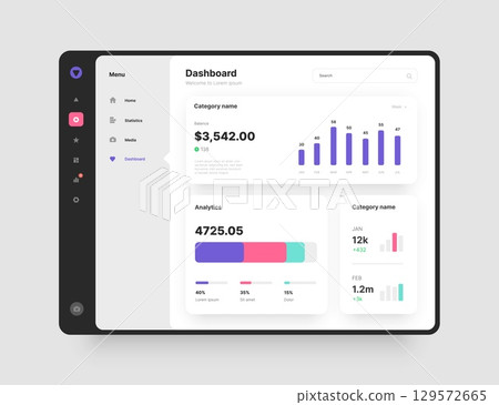 Wireframes screens. Dashboard UI and UX Kit design. 129572665