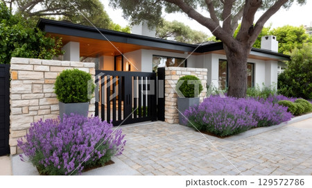 Modern house entrance with lavender and boxwood shrubs decorating the driveway Modern house entrance with lavender and boxwood shrubs decorating the driveway 129572786
