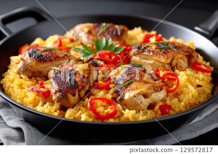 Spicy chicken thighs and rice with chili pepper and chives in a black pan 129572817
