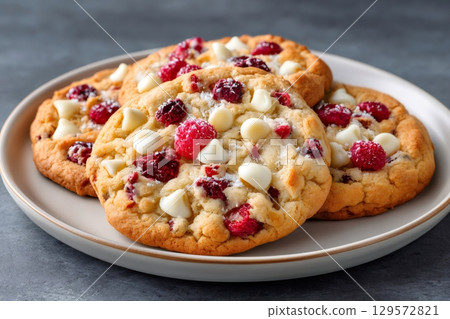 Delicious white chocolate and cranberry cookies resting on a plate 129572821