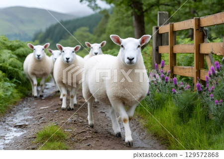 Flock of sheep walking on a path in the Scottish Highlands 129572868