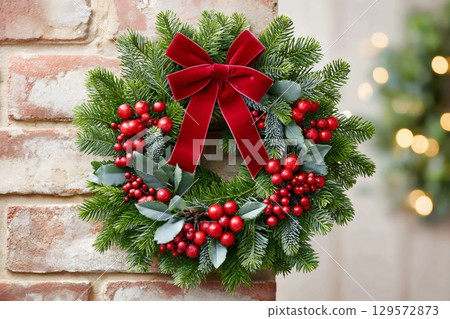 Festive Christmas Wreath with Red Berries and Bow 129572873