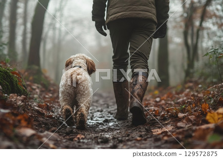 Hunter walking with dog in muddy forest path during autumn 129572875
