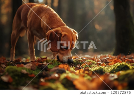 Curious beagle dog sniffing ground in autumn forest 129572876